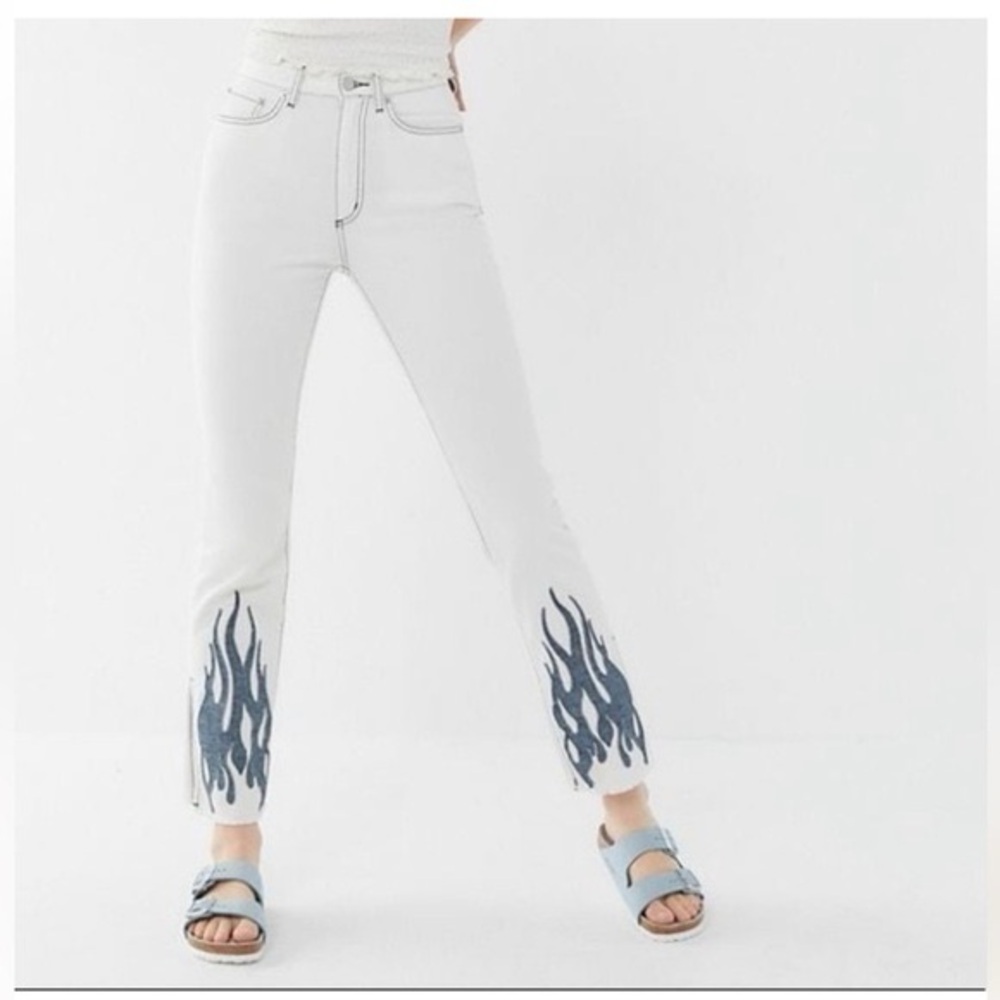BDG Women's White Jeans with Black Flame Design